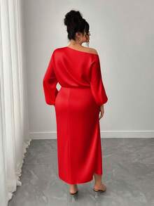 SHEIN Elenzya Plus Size Women Satin Asymmetric Ruffle Collar Off Shoulder Ruched Waist A-Line Maxi Dress - Red - View 2
