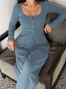 DAZY 女士抓绒针织修身上衣和宽松睡裤两件套，秋冬家居服 - 藍色 - 查看 3