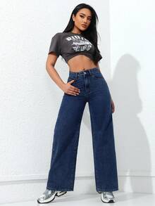 SHEIN ICON 女士高腰口袋休闲百搭阔腿牛仔裤 - 深色水洗藍 - 查看 5