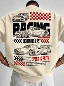 Manfinity LEGND Men Plus Size Summer Casual T-Shirt With Slogan And Race Car Graphic Print, Short Sleeve, Going Out Street Wear