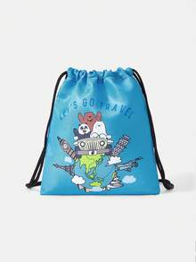 We Bare Bears X SHEIN Cartoon & Letter Print Travel Drawstring Bags, Multi-Size Storage Pouches - Blue - View 3