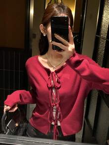 DAZY Cárdigan de mujer con cuello redondo y diseño de lazo delantero, suéter casual para otoño/invierno, Año Nuevo y Navidad - Burdeos - Ver 5