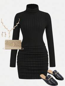 Girlism 少女罗纹立领褶饰修身连衣裙 - 黑色 - 查看 1