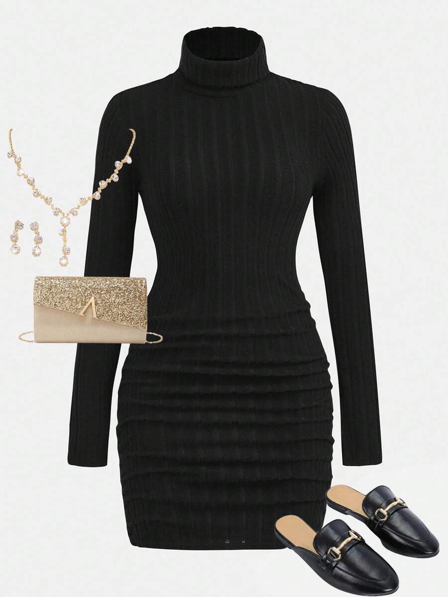 Girlism 少女罗纹立领褶饰修身连衣裙 - 黑色 - 查看 1