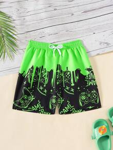 Fantacosmos Tween Boy Fluid Print Beach Video Gamepad & Letter Graphic Drawstring Waist Swim Trunks - Green - View 6