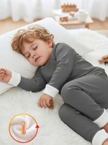 2 piezas Conjunto de ropa de estar en casa para niño pequeño con suéter de cuello redondo de punto elástico gris de tela polar gruesa y leggings - Multicolor - Ver 5