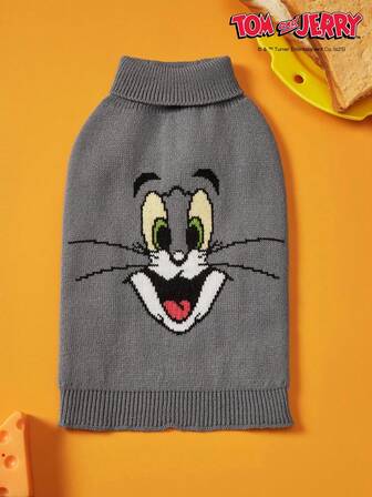 TOM & JERRY X PETSIN 1pc Pet Cat Dog Universal Gray Tom Cartoon Pattern Jacquard High Neck Elastic Comfortable Warm Dog Sweater