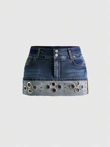 ROMWE J-Fashion Váy mini denim cổ điển cạp thấp phong cách Y2K Metallic Gaze dành cho nữ - Màu xanh lam - Xem 1