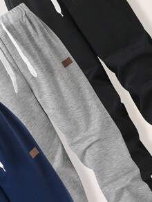 3pcs/Pack Tween Boys' Casual Plain Drawstring Waist Pants, School, Campus, College Fall Winter