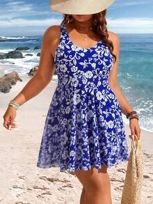 Swim Lushoire 大码女式印花撞色网眼吊带连体泳衣