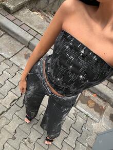 SHEIN TRNDY Áo hai dây hở lưng gợi cảm, rách bất đối xứng, thiết kế không tay, phù hợp cho nữ, phù hợp cho mùa hè, đi nghỉ - Màu xám đen - Xem 7