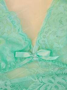 Set de 2 piezas de lencería nupcial con vestido de tirantes de encaje y malla + tanga, para salir - Verde - Ver 7