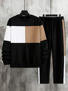 Manfinity Homme Men's Contrast Color Drop Shoulder Long Sleeve Loose Casual Pullover Sweatshirt Set Men's Two Pieces Set Tuxedo Men's Jogger Set Men Tracksuit Sets Men 2 Pieces Sweatsuit Hodddie Old Money,Daily Leisure, Weekend Trips, Outdoor Activities, Travel Expeditions, Relaxed Work Environments Or Semi-Formal Occasions, Boyfriend/Husband Gift, Anniversary /Birthday Gift Party Christmas New Years - Black - View 6
