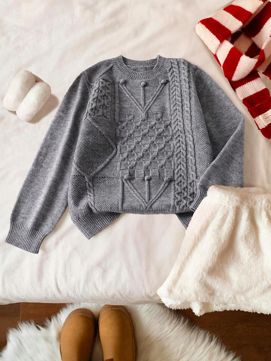 Genkimix Kids Girls' Fashion New Patchwork Cable Round Neck Pullover Sweater, Autumn/Winter Cable Knit Knitwear Top, Tween GirlsRed Christmas Sweater, Comfortable Soft Minimalist Long Sleeve, Suitable For Autumn/Winter - Grey - View 1