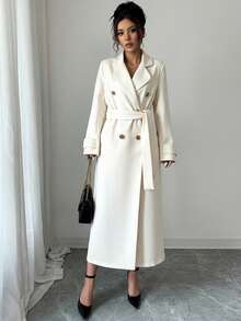 CLARA VERO 女士优雅长款白色羊毛混纺大衣 - 双排扣超长大衣，配金色纽扣和腰带，经典别致的冬季风衣，设计师风格的正式外套，时尚的全长裹身夹克，2025 年秋冬奢华时尚宣言 - 白色 - 查看 3