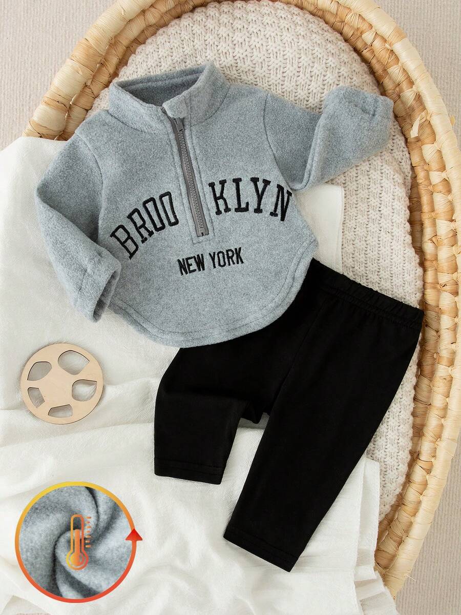 SHEIN 2件組女嬰新生兒秋季套裝 灰色保守版刷毛上衣 刺繡英文 & 黑色內搭褲 可愛返校穿搭 新生兒嬰兒適用 - 彩色 - 查看 1