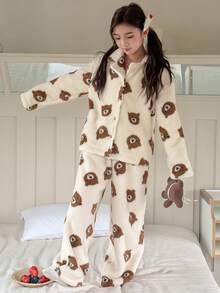 DAZY 少女熊印花保暖睡衣套装，冬季 - 杏色 - 查看 4