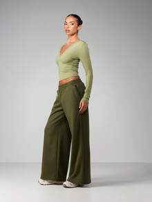 MISSGUIDED Women Wide Leg Sweatpants With Side Pockets Relaxed Fit Casual Lounge Pants Comfortable Elastic Waistband Joggers For Everyday Wear - Green - View 5