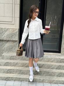 SHEIN 少女可爱蝴蝶结印花白色修身衬衫，休闲日常时尚百搭 - 白色 - 查看 4
