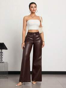 Flexra Women's High Waist Fashionable Leather Wide Leg Pants