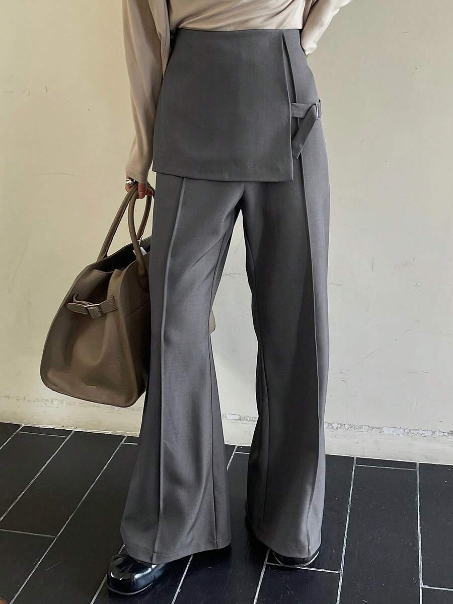 DAZY 女士纯色修身喇叭裤，优雅正式，秋冬款 - 灰色 - 查看 1