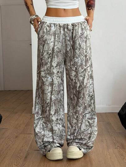 Coolane Pantaloni largi casual pentru femei cu model de crengi de copac