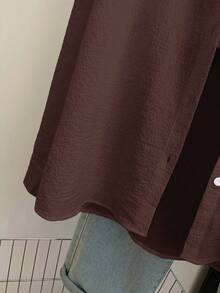 Resyla Women's Textured Fabric Solid Color Patch Pocket Front Button Long Sleeve Shirt - Brown - View 5