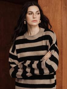 Zovinel Áo len dáng rộng cổ tròn kẻ sọc phối màu đơn giản cho nữ, mùa thu/đông - Nhiều màu - Xem 3