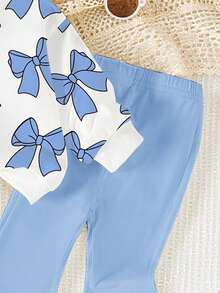 1 Set Baby Girls Casual Fashionable Cute Bow Pattern Crew Neck Sweatshirt And Flare Pants Outfit, Suitable For Autumn/Winter Outings, Fall Clothing, Casual And Fun Styling, Suitable For Autumn/Winter Baby Clothing