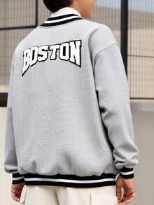 SHEIN Vacaura Tween Boy Casual Textured Fabric Patchwork Letter Varsity Jacket, Spring/Autumn