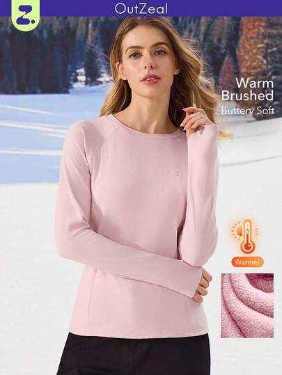 OutZeal 女士冬季保暖户外T恤 粉色长袖 日常休闲保暖内衬 柔软舒适 圆领 带拇指孔