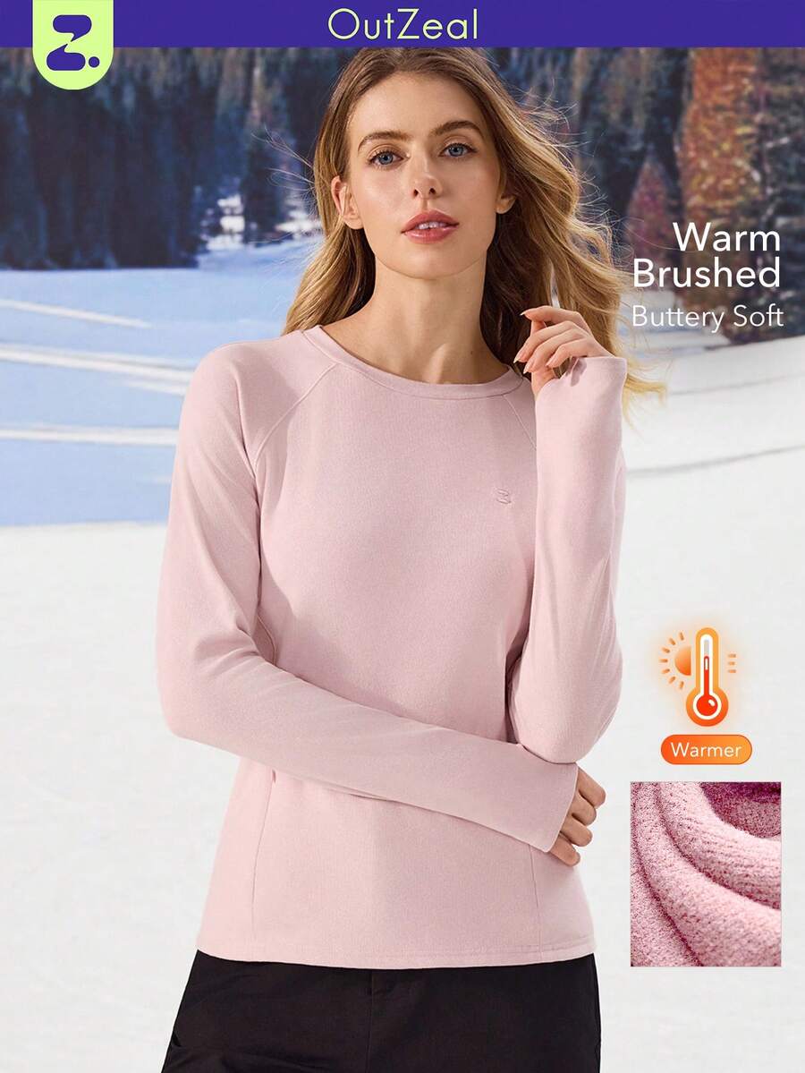 OutZeal 女士冬季保暖户外T恤 粉色长袖 日常休闲保暖内衬 柔软舒适 圆领 带拇指孔