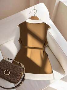 SHEIN PETITE CURVE Plus Size Women Elegant Lapel NeckContrast Color Sleeveless Blazer - Multicolor - View 2