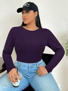 SHEIN PETITE CURVE Plus Size Solid Color Minimalist Casual Long Sleeve Bodysuit - Purple - View 3