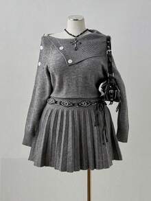 Sunspun 新款秋冬性感俏皮翻领百褶下摆针织连衣裙 - 灰色 - 查看 6