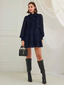 Enchnt Women's Fashion Tie Collar Round Dot Ruffle Hem Short Dress,Fall,Fall Clothes For Women,Women's Winter Clothes