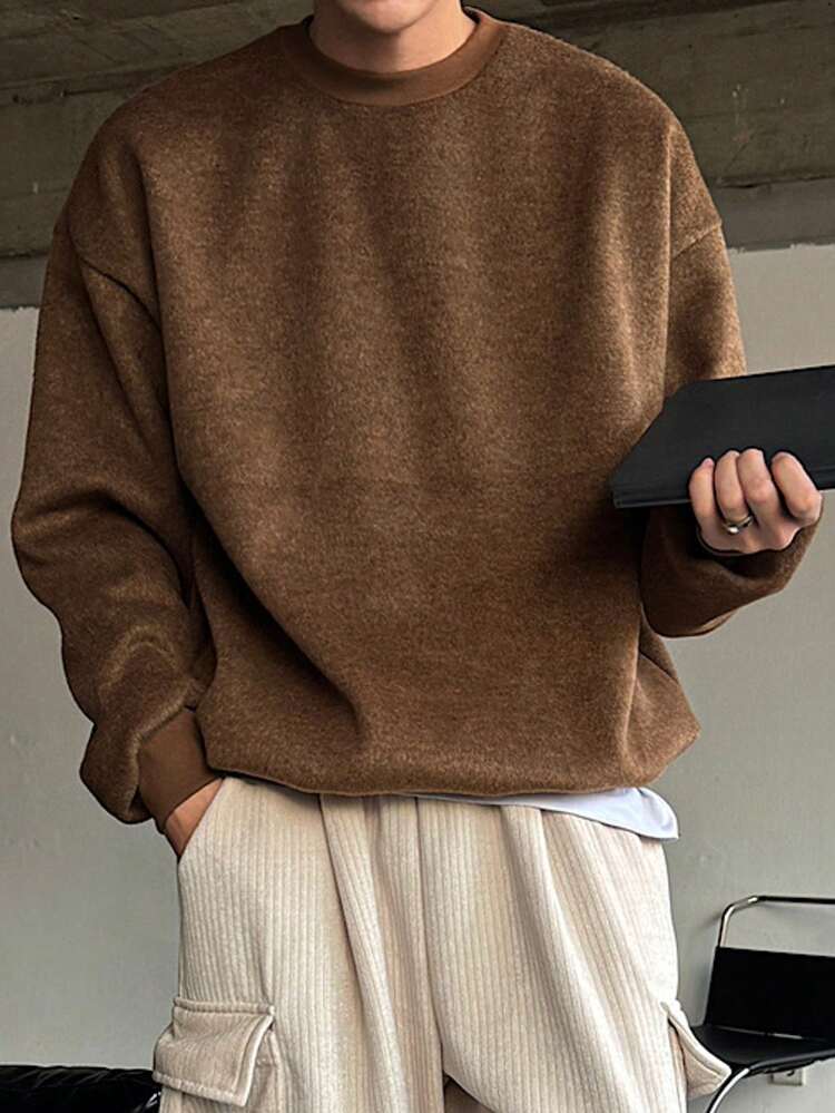Men's Brown Round Neck Thermal Lined Wool Blend Pullover Sweatshirt, Autumn/Winter