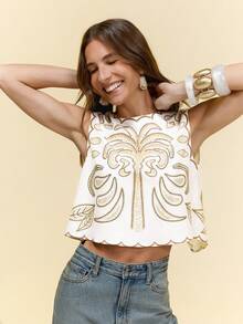 CAJUNI x Carol Peixinho 短款上衣，饰有闪亮的刺绣印花和热带棕榈树图案，非常适合新年派对和假期穿着。 - 米色 - 查看 8