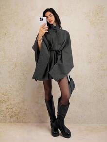 SHEIN Tall Women's Elegant High Collar Batwing Sleeve Cinched Waist Waist Wool Blend Coat In Fall/Winter - Grey - View 1