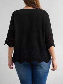 LUNE Blusa de verano de talla grande, de unicolor, hueca, bordada, casual, para vacaciones, temporada de bodas, nuevo diseño de playa para mujer - Negro - Ver 2