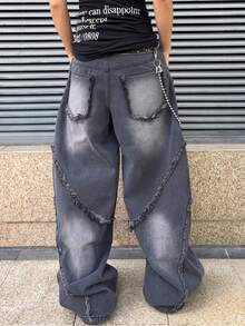 ROMWE MEN Street Life Quần Jeans Nam Co Giãn, Rách Viền Cong - Màu xám đen - Xem 3