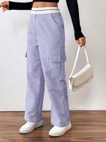 SHEIN Unity 女士休闲条纹直筒工装裤 - 寶藍色 - 查看 5