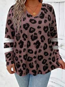 EMERY ROSE Plus Striped Print V Neck Tee Graphic Tees Women Tops - Khaki - View 5