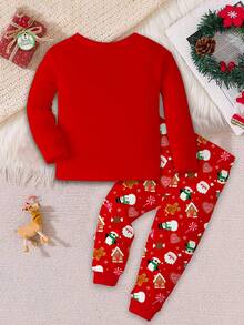 SHEIN Conjunto de pijama de top de manga larga y pantalones de ajuste cómodo y minimalista casual con diseño de reno, campana, bastón de caramelo, copo de nieve, hombre de jengibre y pingüino de Navidad en rojo festivo, adecuado para otoño/invierno, para niña bebé - Multicolor - Ver 3