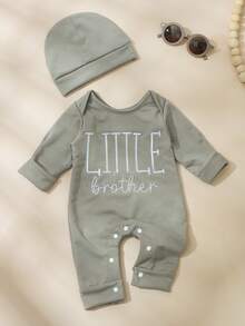 SHEIN 2件套新生男婴摄影服装 小弟弟刺绣婴儿回家服 婴儿洗礼礼物 1个月3个月婴儿摄影道具 - 灰色 - 查看 7