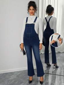 SHEIN Maternity Ombre Color Fitted Pocket Flare Leg Denim Overalls - Dark Wash - View 1