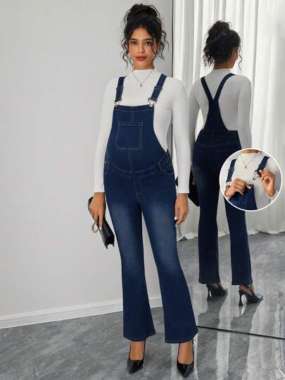 Momance 孕妇渐变色修身口袋喇叭腿牛仔背带裤