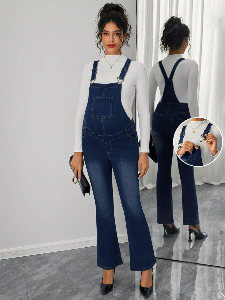 SHEIN Maternity Ombre Color Fitted Pocket Flare Leg Denim Overalls - Dark Wash - View 1