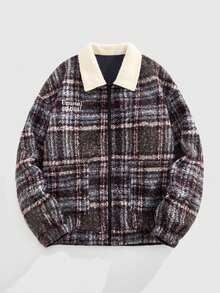 ROMWE MEN Casual 男士秋冬字母格纹印花双面拉链休闲长袖外套 - 藏蓝色 - 查看 11