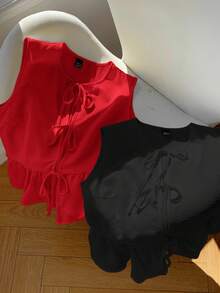 Comfortcana 2pcs Women's Summer Vacation Shirts, Red + White Blouses Peplum Tops Peplum Top Women Red Peplum Top Black Peplum Top Peplum Blouse - Black - View 4